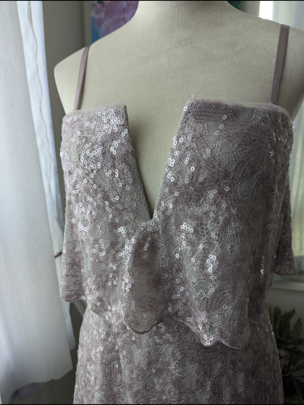 BCBGMaxAzria Smoky Lavender Lace & Sequin Off-Shoulder Mini Dress - Picture 2 of 8